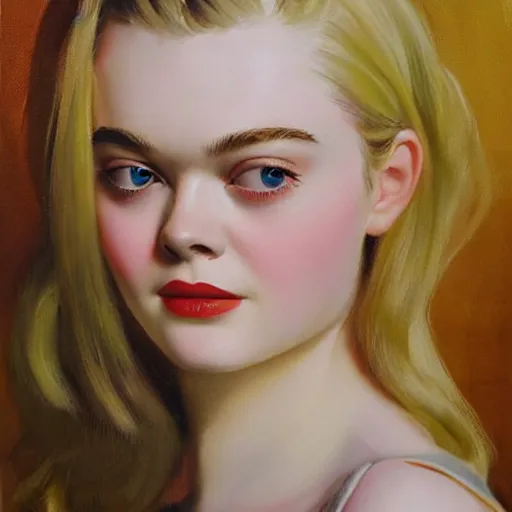 Prompt: ultra realistic portrait painting of elle fanning in a 6 0 s ad, art by frank frazetta, 4 k, ultra realistic, highly detailed, epic lighting