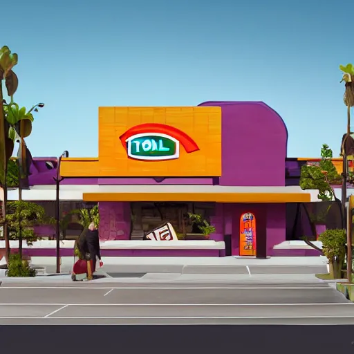 Prompt: taco bell fast food restaurant inspired by raphael lacoste, simon stalenhag, frank lloyd wright, zaha hadid, matte painting