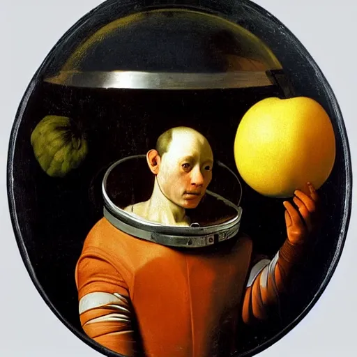 Prompt: astronaut painted by Caravaggio, still life with fruit reflected in helmet