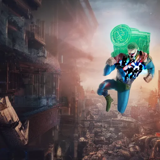 Image similar to pickle rick as superman! flying in ( gears of war ), splash art, movie still, detailed face, photorealistic facial features, cinematic lighting, dramatic, octane render, long lens, shallow depth of field, bokeh, anamorphic lens flare, 8 k, hyper detailed, 3 5 mm film grain