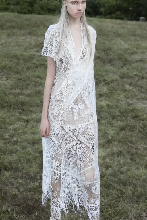 Image similar to antediluvian crystal atlantean hyperborean avant garde fashion lace dress with natural pattern motifs, young white - blonde model, sharp focus, outdoors, godray lighting