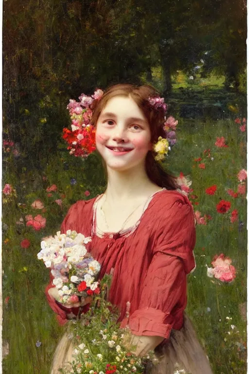 Prompt: Solomon Joseph Solomon and Richard Schmid and Jeremy Lipking victorian genre painting portrait painting of a smiling young village girl in an open field of flowers, red background