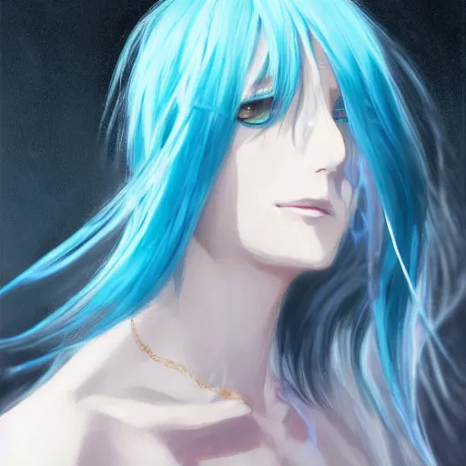 Image similar to side profile of rimuru tempest with sky blue hair, long hair, sharp face, gold eyes, high collar, black jacket | shiny, highly detailed, rain, professional digital painting, concept art, award - winning photography, cinematic, wlop | art by pixiv art, yoshitaka amano, junji ito