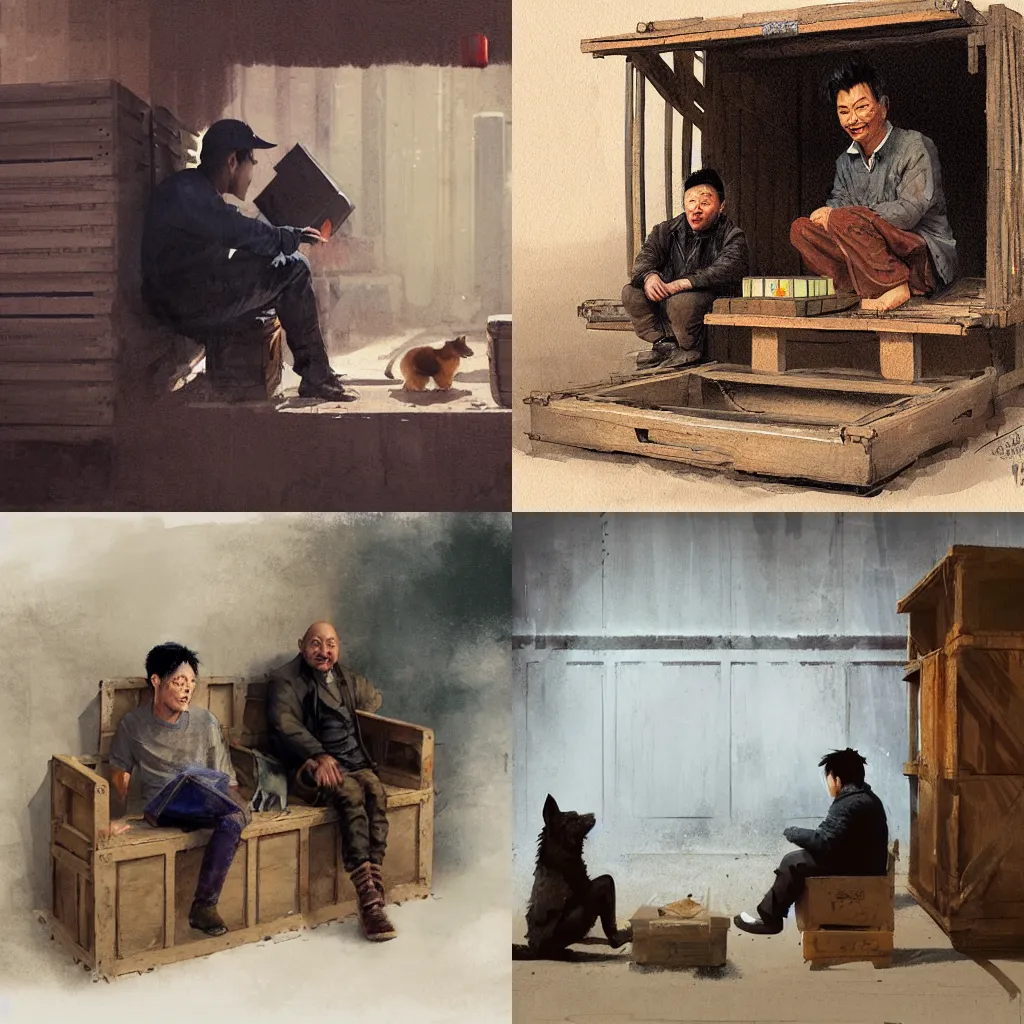 Prompt: an alsatian and a chinese man, sitting in a crate, artwork by greg rutkowski