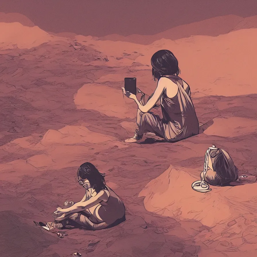 Prompt: very detailed, prophet graphic novel, ilya kuvshinov, mcbess, rutkowski, simon roy, illustration of a girl sitting alone on the surface of mars while staring at her phone, wide shot, colorful, deep shadows, astrophotography, award winning