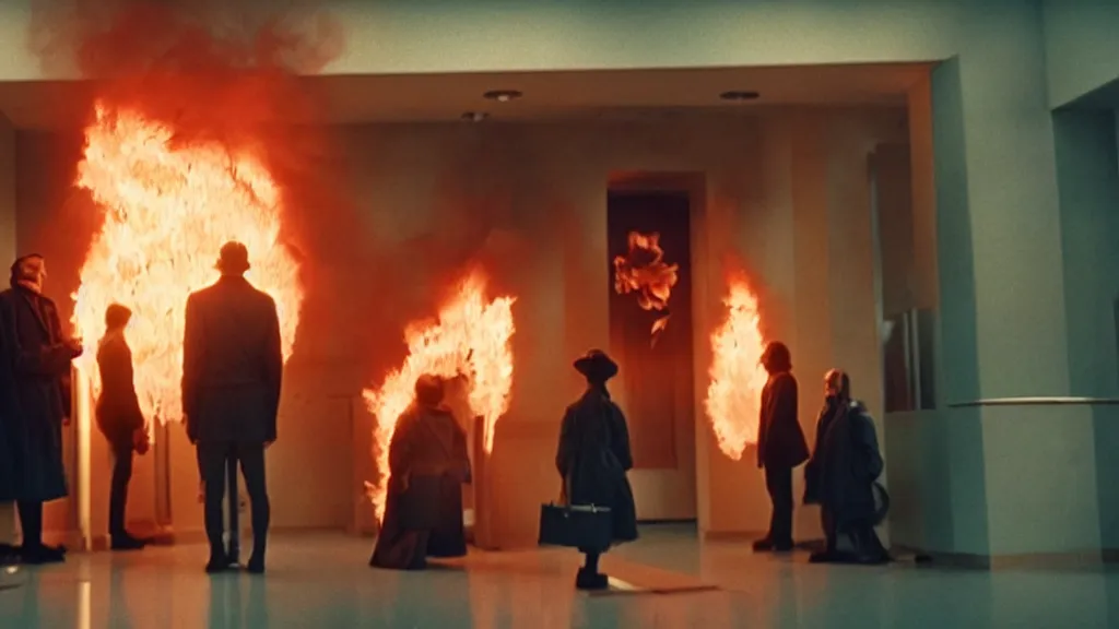 Prompt: the strange creature in line at the bank, made of fire, film still from the movie directed by Denis Villeneuve with art direction by Salvador Dalí, wide lens