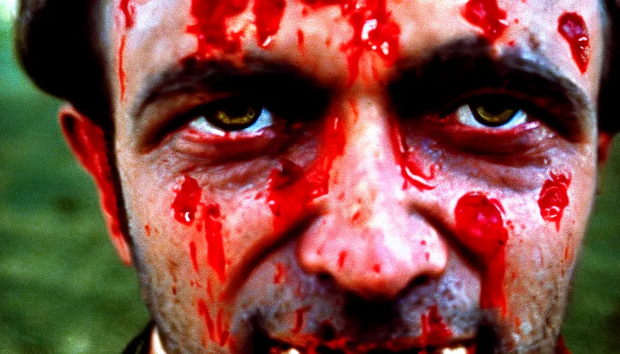 Prompt: 1 9 6 0 s movie still close - up of marcus atilius regulus'face with blood in the eyes down the eyes, cinestill 8 0 0 t 3 5 mm, high quality, heavy grain, high detail, texture, dramatic light