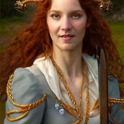 Image similar to an portrait of an happy female scottish celtic queen, detailed, centered, digital painting, artstation, concept art, donato giancola, Joseph Christian Leyendecker, WLOP, Boris Vallejo, Breathtaking, 8k resolution, extremely detailed, beautiful, establishing shot, artistic, hyperrealistic, beautiful face, octane render