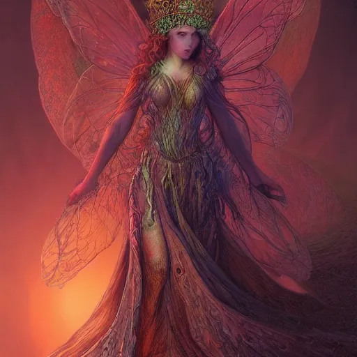 Prompt: Photorealistic faery queen in the style of Michael Whelan and Gustave Dore. Hyperdetailed photorealism, 108 megapixels, amazing depth, glowing rich colors, powerful imagery, psychedelic Overtones, 3D finalrender, 3d shading, cinematic lighting, artstation concept art