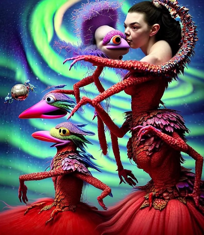 Image similar to hyper detailed 3d render like a Oil painting - kawaii portrait of hopeful lovers hugging tight or kissing pecking adorably Aurora (a beautiful girl skeksis muppet fae princess protective playful expressive acrobatic from dark crystal that looks like Anya Taylor-Joy) seen red carpet photoshoot in UVIVF posing in scaly dress to Eat of the Strangling network of yellowcake aerochrome and milky Fruit and His delicate Hands hold of gossamer polyp blossoms bring iridescent fungal flowers whose spores black the foolish stars by Jacek Yerka, Ilya Kuvshinov, Mariusz Lewandowski, Houdini algorithmic generative render, golen ratio, Abstract brush strokes, Masterpiece, Edward Hopper and James Gilleard, Zdzislaw Beksinski, Mark Ryden, Wolfgang Lettl, hints of Yayoi Kasuma and Dr. Seuss, Grant Wood, octane render, 8k