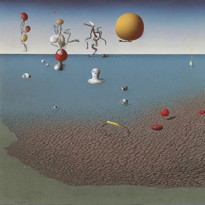 Prompt: the first color getting out of the primordial ocean to walk on land. codex seraphinianus. painting by yves tanguy, jan van eyck, moebius, walton ford, rene magritte