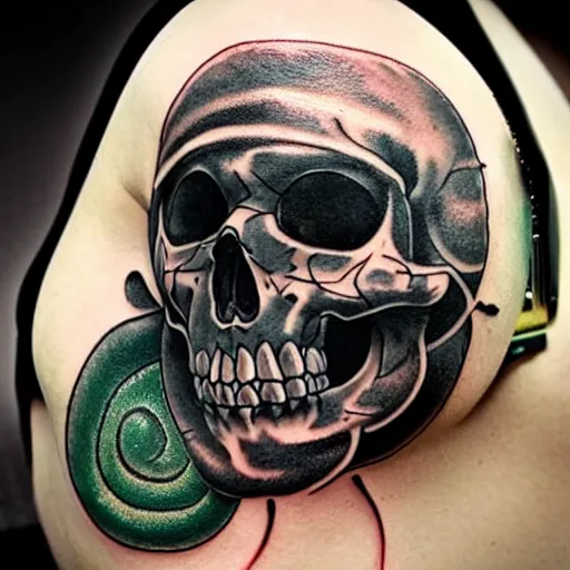 Prompt: dark tattoo, snake wrapping its body around skull, toxic acid green dark colors