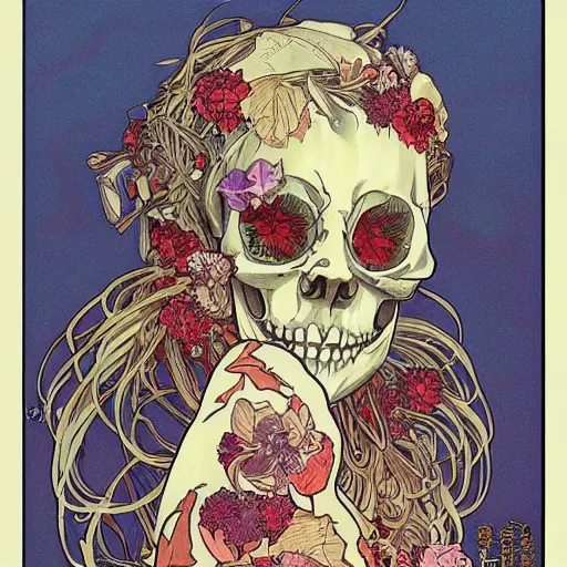 Image similar to manga skull portrait girl female skeleton realism hyperrealistic art Geof Darrow and will cotton alphonse mucha pop art nouveau