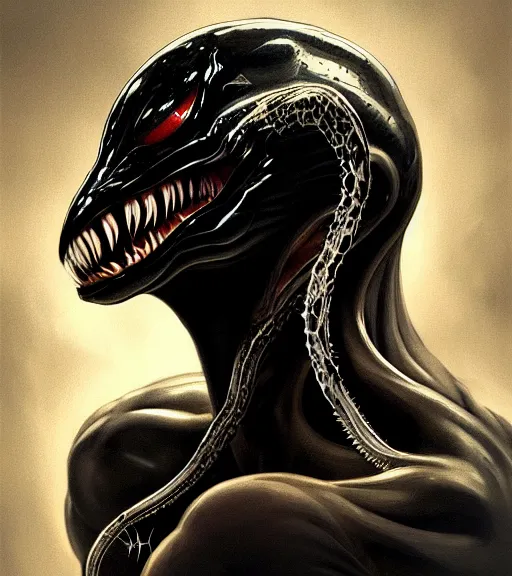 Image similar to portrait of a venom with heightened detail, poised, intense emotion, detailed facial expression, detailed surroundings, intricate, elegant, highly detailed, centered, digital painting, artstation, concept art, smooth, sharp focus, illustration, by ( leonardo da vinci ), wlop