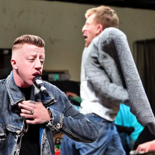 Prompt: Macklemore yelling at Goodwill, head in hands