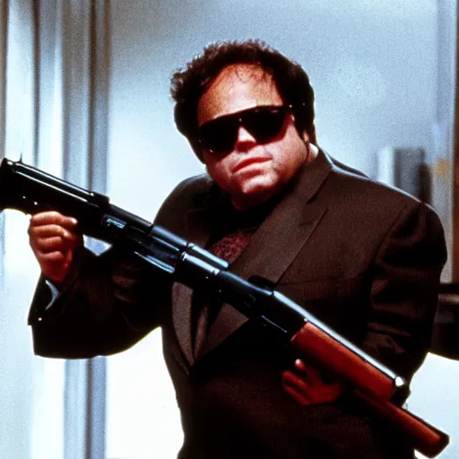 Image similar to Danny DeVito in Scarface holding M16, cinematic, sharp focus, movie still, atmospheric, Action scene, 8k,