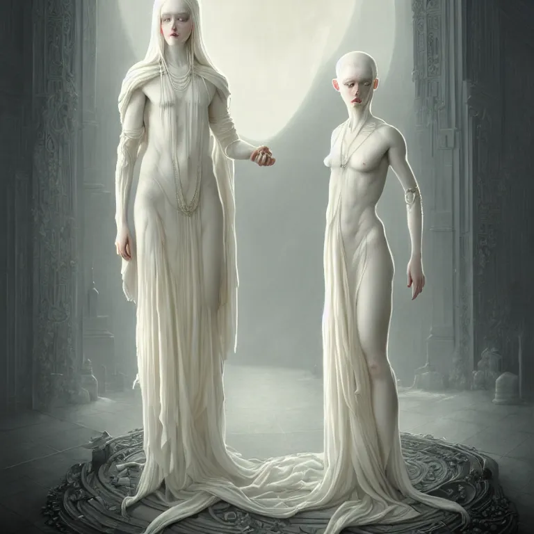 Image similar to alone with herself wonderful symmetrical woman albino goddess with a wonderful face with a beautiful porcelain symmetrical body dressed with a majestic semi transparent cream long cotton dress, hightly ornate, intricate, detailed, dramatic light, award winning, octane render, tom bagshaw style