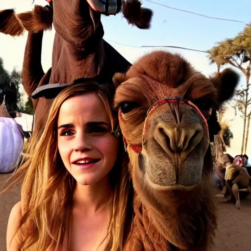 Image similar to photo of Emma Watson as an actual camel at a Halloween party. The Hulk is riding the camel and has flowers in his hair.
