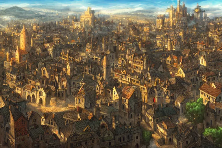 Image similar to medieval city landscape, beautiful, artstation trending, deviantart, highly detailed, focus, smooth, by hirohiko araki, yoshitaka amano