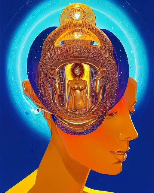 Image similar to a portrait of a golden skinned goddess with a lazer shining into the top of her head charkra, pieces expanding from impact gold and blue by moebius +james jean + peter mohrbacher + syd mead + illustrative + visionary art + low angle + oil painting + 3/4 portrait + asymmetry