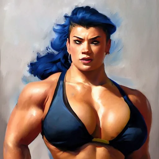 Image similar to greg manchess portrait of thick muscular weightlifter zarya from overwatch with ponytail, medium shot, asymmetrical, profile picture, organic painting, sunny day, matte painting, bold shapes, hard edges, street art, trending on artstation, by huang guangjian and gil elvgren and sachin teng