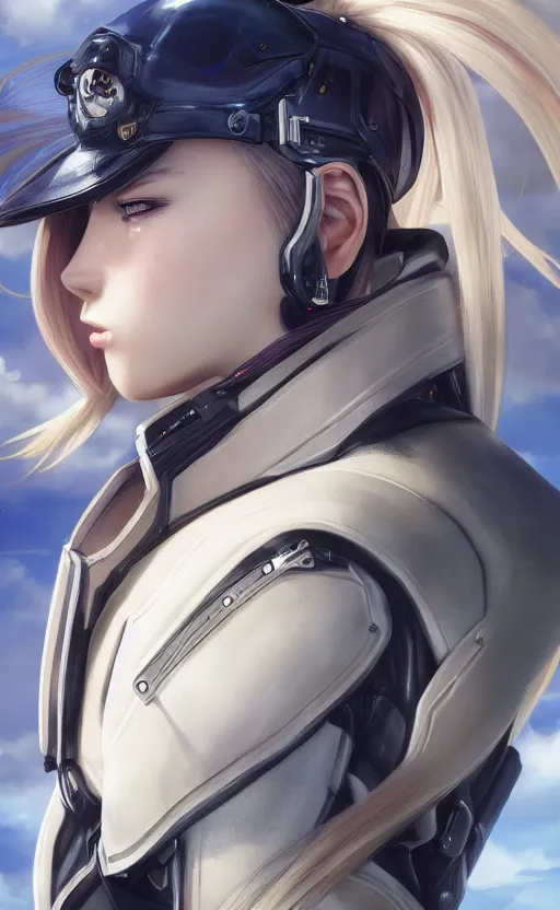 Image similar to side portrait of mechanized valkyrie, anime style, leather jacket, ace pilot, blonde hair, hair down, symmetrical facial features, from arknights, hyper realistic, 4 k, rule of thirds, extreme detail, detailed drawing, safebooru, hd, top gun, realistic lighting, by alphonse mucha, greg rutkowski, backlit