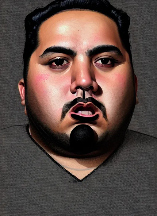 Image similar to portrait of a plump latino man with a crooked nose and a confident expression, 1 9 6 0 s, black clothes, goth, punk, brightly coloured hair, funk, intricate, elegant, highly detailed, digital painting, artstation, concept art, smooth, sharp focus, illustration, art by wlop, mars ravelo and greg rutkowski