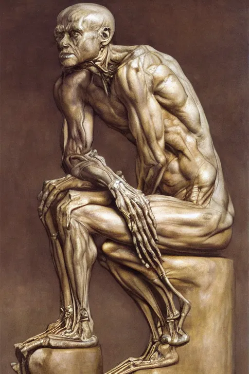 Prompt: beautiful oil clean painting of the biomechanical thinker sculpture connected to machine by auguste rodin, by wayne barlowe, rembrandt, complex, stunning, realistic skin color, 4 k, high res, awardwinning, masterpiece