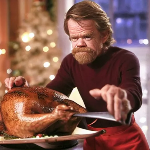 Image similar to William H Macy carving a turkey with a knife during Christmas