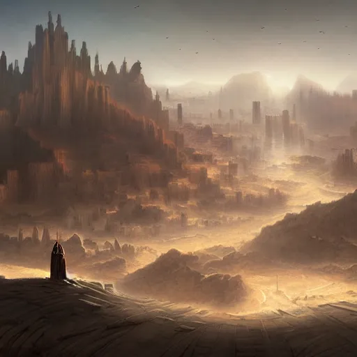 Image similar to a weird surreal and mystical city in the desert, fantasy concept art, matte painting, very detailed, trending on artstation, cinematic lighting, painted by caravaggio