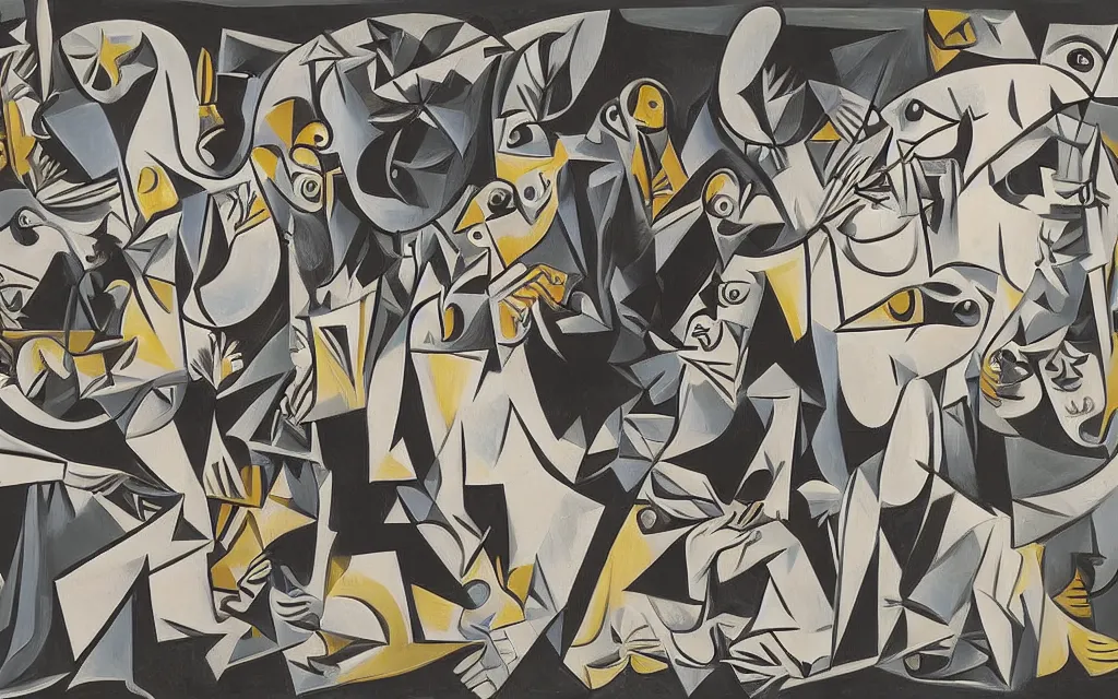 Prompt: guernica by pablo picasso in the style of damien hirst
