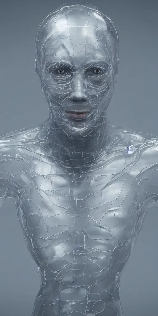 Image similar to man made from mostly transparent liquid, transparent face, dynamic in motion action shot, full body, 4k post production processing, unreal engine 5, genius concept, cinematic, weta digital, zbrush