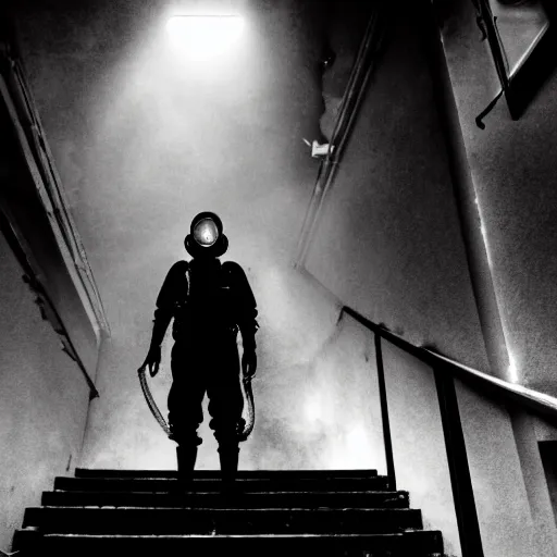 Prompt: A misterious man wearing a gas mask is standing on the midle of a stair hallway looking in the direction of the camera, the man is using a turned on flashlight to look for survivors :: Ruined city with vegetation and trees growing all over the place in the distroyed buildings :: apocalyptic, shadowy, disolate :: A long shot, low angle, dramatic backlighting, simetric photography, night time, slighty colorful :: cinematic shot, very detailed