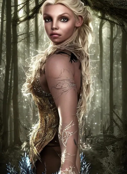 Image similar to Beautiful elsa, Looks like Britney Spears, In the woods, Dramatic, Edge, Good, Infused, Backlight, De-Noise, VFX, insanely detailed and intricate, hypermaximalist, elegant, ornate, hyper realistic, super detailed