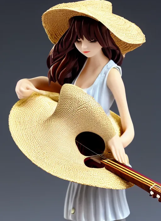 Image similar to Fine Image on the store website, eBay, Full body, 80mm resin figure of a Straw hat cute girl playing guitar, environmental light from the front