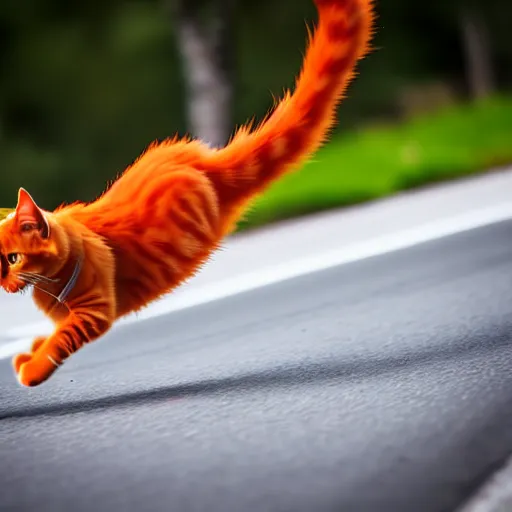 Prompt: a very fast orange cat flying through the road, high definition, beautiful award winning photography, 8 k.