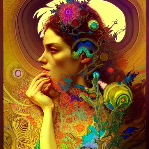 Image similar to An extremely colorful psychedelic experience, reality bending, magic mushrooms, psilocybin, LSD, face, detailed, intricate, elegant, highly detailed, digital painting, artstation, concept art, smooth, sharp focus, illustration, art by Krenz Cushart and Artem Demura and alphonse mucha