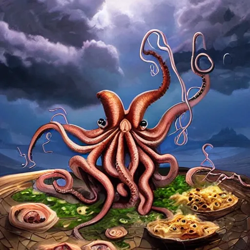 Image similar to octopus cooking soup among clouds fantasy illustration, trending on artstation, deviantart, very realistic, 4k