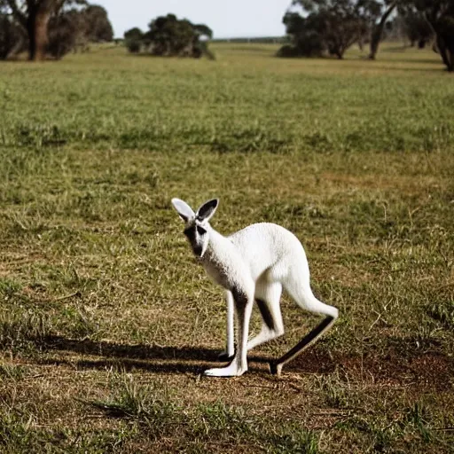 Image similar to a kangaroo and a very cute white rural dog photograph, high quality, award winning