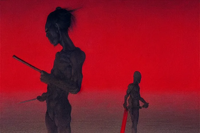 Image similar to only with red, a red samurai, tokio in background, some evil yokai, in the style of beksinski, parts by edward hopper, parts by rodcenko, parts by yue minjun, intricate and epic composition, red by caravaggio, insanely quality, highly detailed, masterpiece, red light, artstation, 4 k