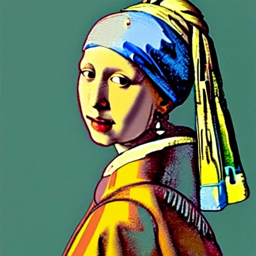 Image similar to painting of the girl with the pearl earring together with mona lisa by andy warhol, painting, oil on canvas, beautiful painting