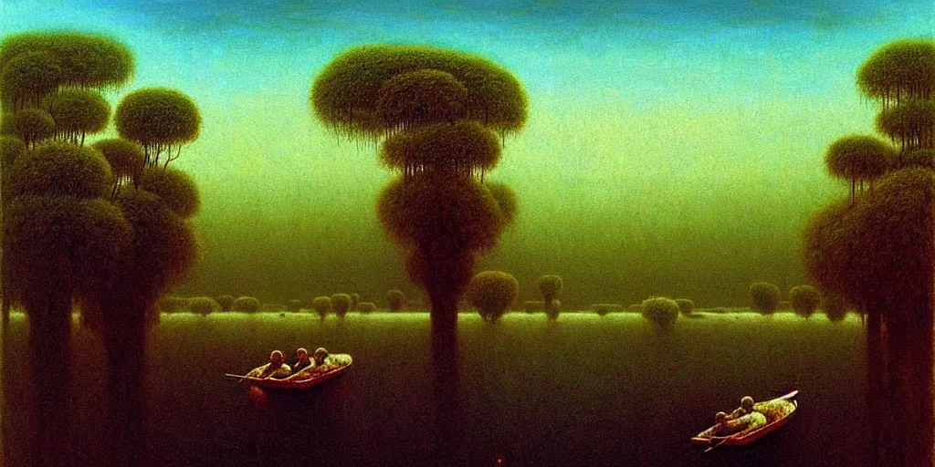 Image similar to A very detailed painting in the style of Beksinski featuring a river in Europe surrounded by trees and fields. A rubber dinghy is slowly moving through the water. Sun is shining