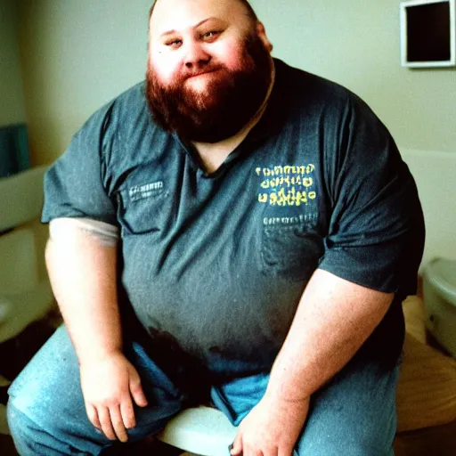 Prompt: close up portrait of fat redneck man in dirty clothes sitting in hospital waiting room, award winning, kodak gold 2 0 0,