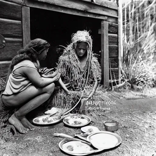 Prompt: a maori woman prepares weta bugs for eating outside her whare in the 1 9 4 0's.