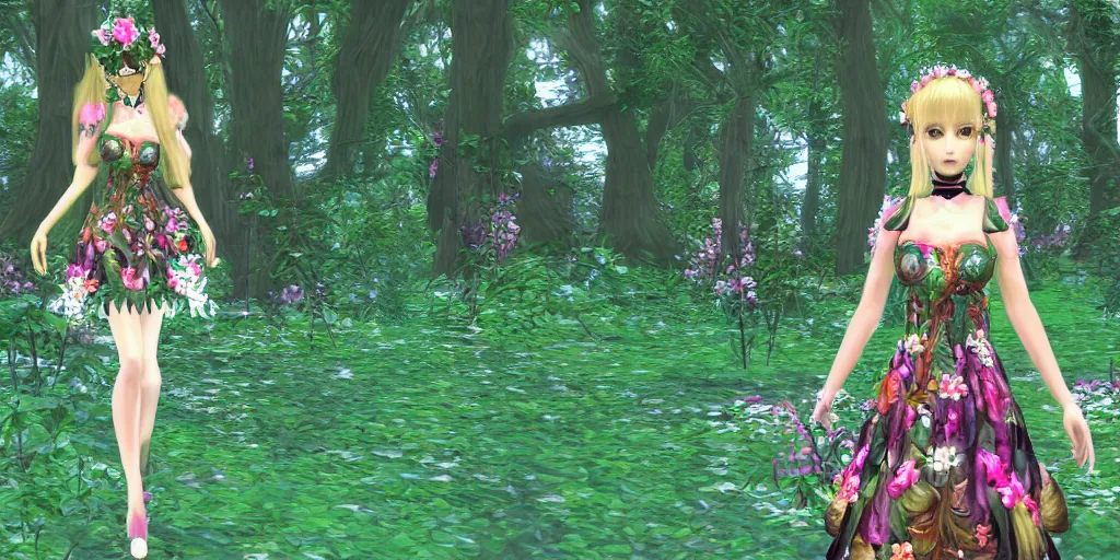 Image similar to cute female forest spirit wearing ornate floral cybernetic hungarian valentino resort dress in a 3 d psx ps 2 jrpg style, esoteric magical alien meadow ritual environment, fashion gameplay screenshot, highly detailed, atelier, xenogears