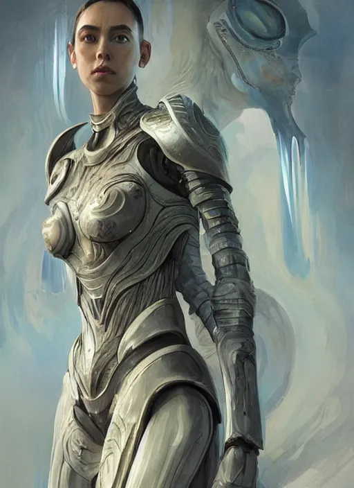 Image similar to a professional painting of a beautiful young female alien, clothed in ethereal armor, olive skin, long dark hair, beautiful bone structure, symmetrical facial features, intricate, elegant, digital painting, concept art, smooth, sharp focus, illustration, from Valerian and the City of a Thousand Planets, by Ruan Jia and Mandy Jurgens and Artgerm and William-Adolphe Bouguerea