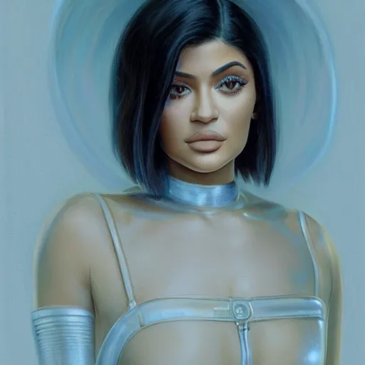 Image similar to kylie jenner as a cop, portrait face and bust in view, haunted house interior, pretty, aesthetic, mystery detailed photo, DeviantArt, Artstation, by donato giancola, ralph horley, loish, chromatic lighting