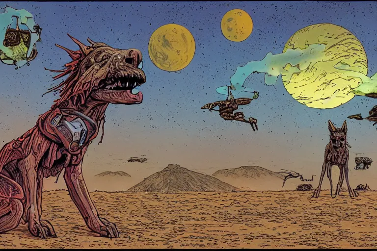 Prompt: monstrous evil xoloitzcuintli dog in the space atacama desert at dusk, hungry and drooling, cracking bones, near a retro - futuristic train station, futuristic comic book by moebius, william stout, katsuya terada