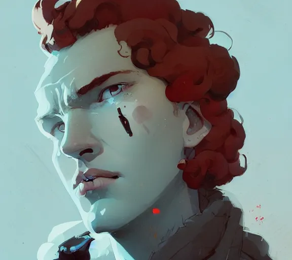 Prompt: portrait man with red curly hair and bright eyes, by atey ghailan, by greg rutkowski, by greg tocchini, by james gilleard, by joe fenton, by kaethe butcher, by ashley wood, dynamic lighting, gradient light blue, brown, blonde cream and white color scheme, grunge aesthetic