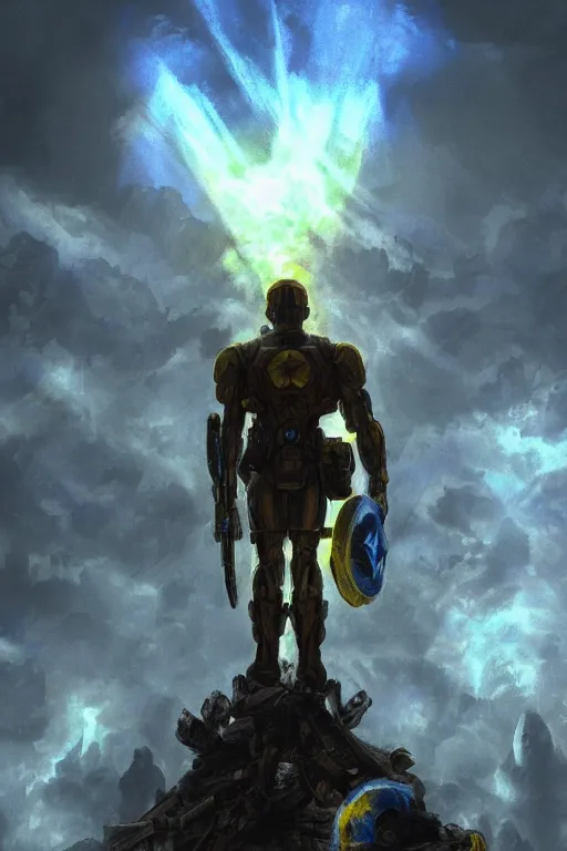 Image similar to a distant shot of a single super soldier with blue and yellow flag and standing alone on a huge pile of human skulls as a winner, masculine figure, D&D, fantasy, bright hopeful atmosphere, volumetric lights, beam of bright light through the clouds, intricate, elegant, highly detailed, extremely detailed, digital painting, artstation, concept art, matte, smooth, sharp focus, hyper realistic, illustration, art by Artgerm and Greg Rutkowski and Alphonse Mucha